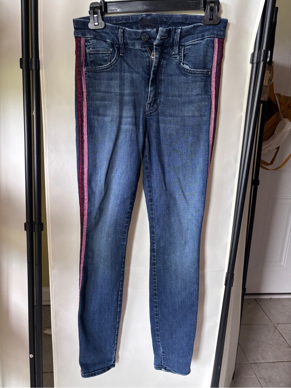 MOTHER Skinny Jeans with Pink and Burgundy Side Stripes